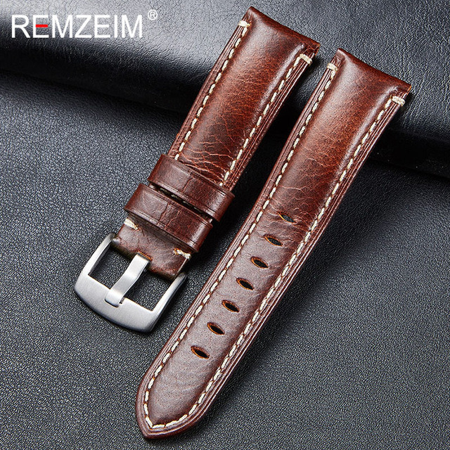 Remz Patterned - Genuine Leather Watch Strap, Brown, Green, Antique, 20, 22, 24, 26 mm, with Black and Silver Buckle