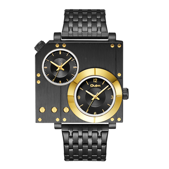 Oulm 5024 Golden Luxury Brand Men Watches Stainless Steel Quartz Watch Two Time Zone Unique Male Clock Relogio Masculino