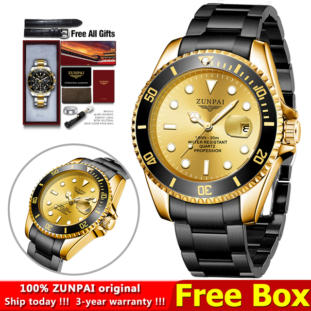 100% Original ZUNPAI Watch Men Sport Water Resistant Diving Wristwatches Stainless Steel Gold 2022New Luxury Fashion TOPBrand