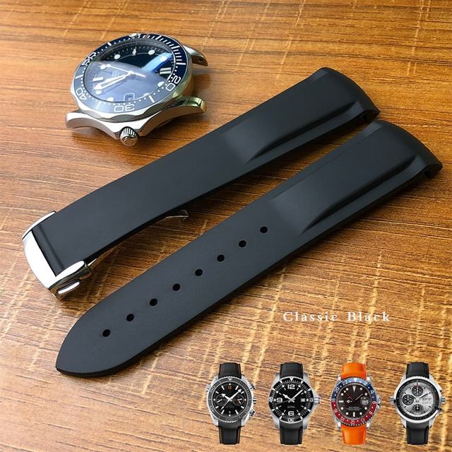 19mm 20mm 21mm 22mm Rubber Silicone Curved End Watchband Folding Buckle Watchband For Omega Seamaster 300 AT150 Watch Speedmater