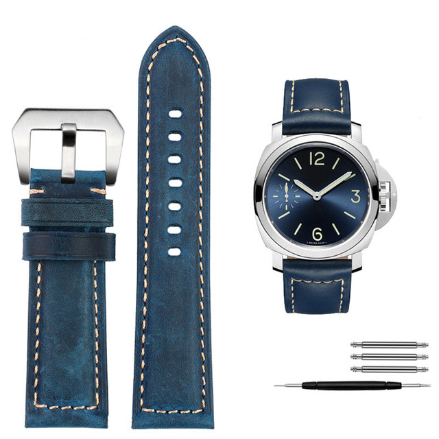 For Panerai1085/1313/111 Leather Watch Strap 22mm 24mm Blue Mens Crocodile Grain Watch Band Sandy Grinding Cowhide Accessories