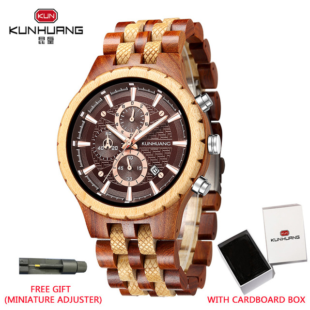 Kunhuang Business Men's Watch Wooden Stopwatch Date Display Chronograph Quartz Wrist Watches relogio masculino