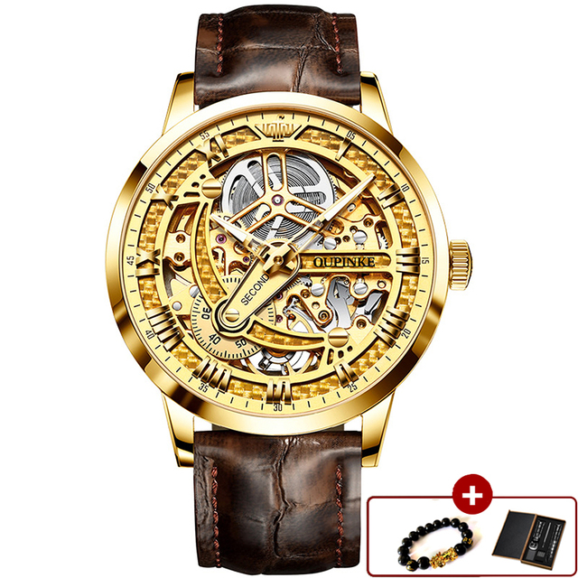 Top Brand OUPINKE Luxury Automatic Mechanical Watch for Men Sapphire Mirror Skeleton Hollow Leather Waterproof Wristwatch Clock