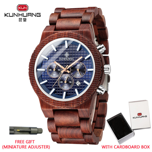 Kunhuang Luxury Elegant Men Wood Watch Military Chronograph Watches Quartz Relogio Masculino Custom Dropshipping