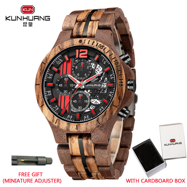 Kunhuang Handmade Wooden Watch Men Water Military Watches Chronograph Quartz Watches relogio masculino men gifts