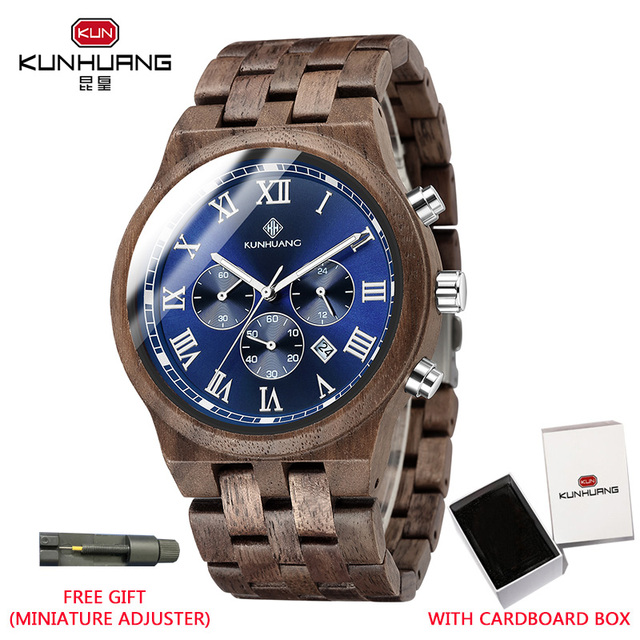 Kunhuang Wooden Men Watches Relogio Masculino Luxury Brand Stylish Chronograph Military Watch Great Gift for Man OEM