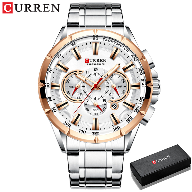 CURREN New Casual Sports Watch Men's Chronograph Stainless Steel Band Watch Large Wristwatch Quartz Watch With Luminous Pointers