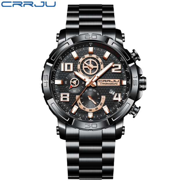 CRRJU Men's Watches Large Dial Waterproof Stainless Steel With Luminous Hands Date Sports Chronograph Watches Relogio Masculino