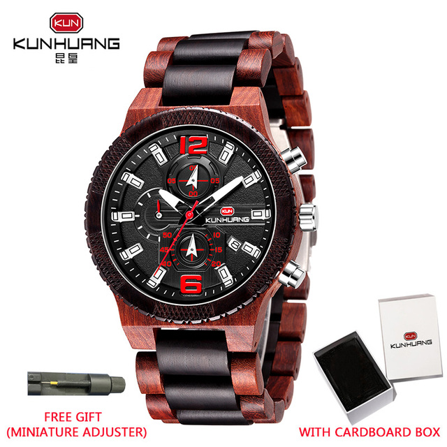 Kunhuang Wooden Watch Fashion Personality Creative Design Senior Ebony Men Watches Quartz Watch Movement Wooden Box Montre Homme