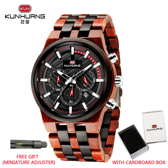 Kunhuang New Wooden Watch Men Luxury Chronograph Ebony Quartz Watch Blue Dial Metal Glass Mirror Wooden Box