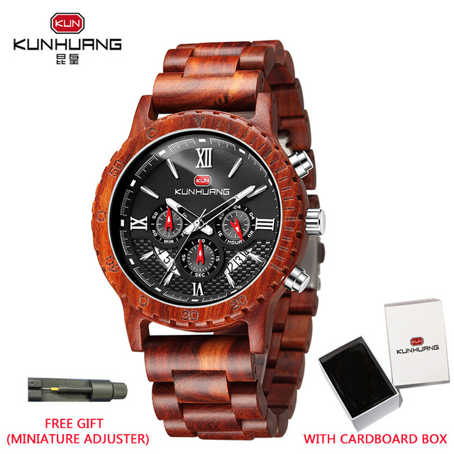 kunhuang wooden watch men erkek kol saati luxury stylish wood watches chronograph military quartz watches in wooden gift box