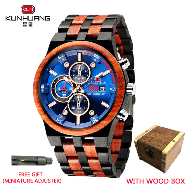 Reloj hombre KUNHUANG New Wooden Watch Men Luxury Brand Chronograph Military Quartz Watches for Man Dropshipping Customized