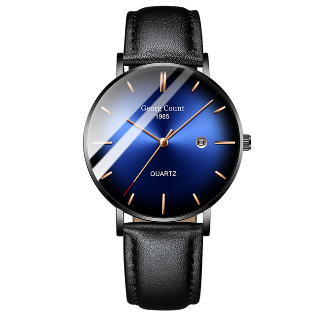 Men's quartz rose gold black net stainless steel black leather strap simple fashion blue watch