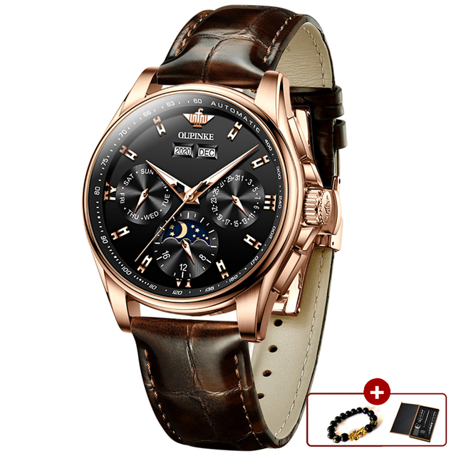 OUPINKE Luxury Automatic Men's Watch Mechanical Watches Leather Sapphire Crystal Waterproof Moon Phase Wristwatch Montre Homme