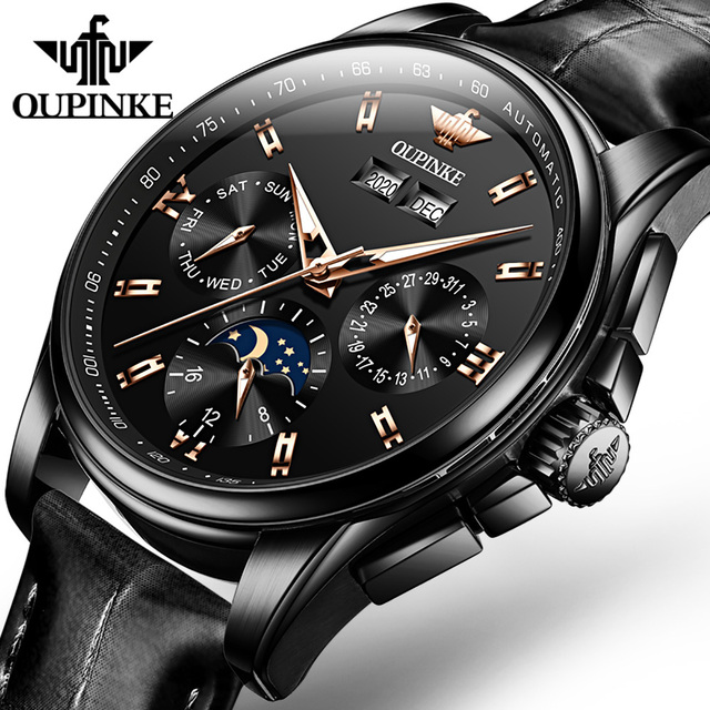 OUPINKE Men's Mechanical Watch Luxury Brand Automatic Watch for Men Leather Sapphire Waterproof Sport Moon Phase Wristwatch