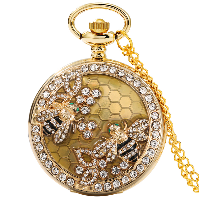 2022 New Unisex Gold Quartz Face Chain Pocket Watch Transparent Dripping Glue Diamond Bee Pattern Birthday Gift for Friend