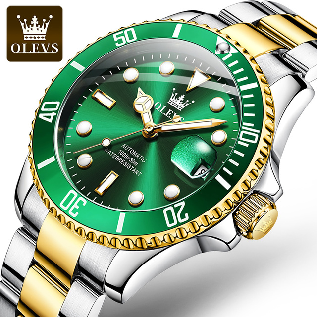 OLEVS Brand 007 Business Men's Watches Automatic Green Watch Men Stainless Steel Waterproof Luxury Mechanical Sports Wristwatch