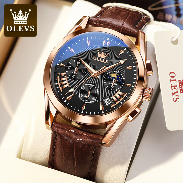 OLEVS Luxury Watch Men's Multifunctional Quartz Watch Business Style Leather Strap Waterproof Mens Calendar Chronograph Watch