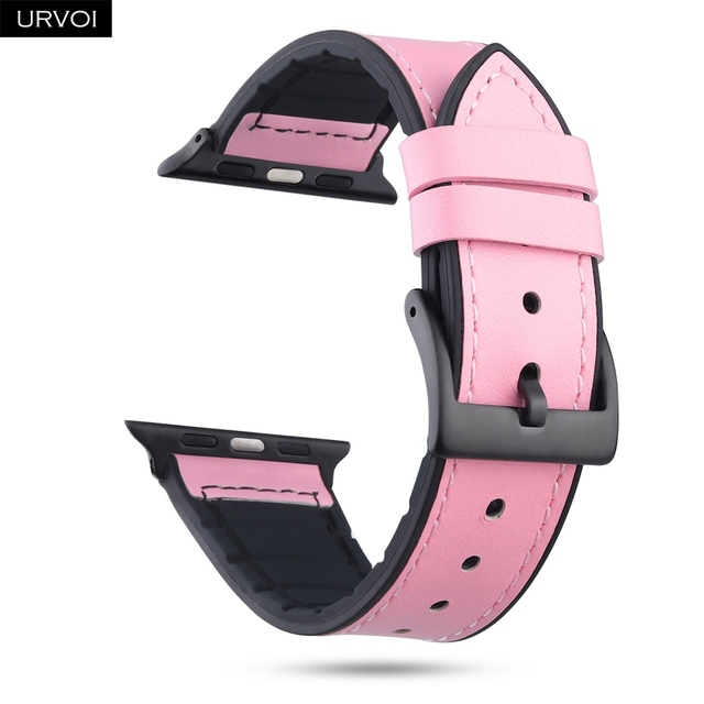 URVOI Strap for Apple Watch Series 7 6 SE 5 4 3 2 1 Leather Strap Silicone Back for iwatch Strap Breathable 41 45mm Buckle Black