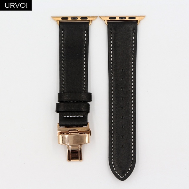 URVOI Deploy Buckle Band for Apple Watch 7 6 SE 5 4 3 Leather Strap for iwatch 41mm 45mm Single Round Design Butterfly Buckle