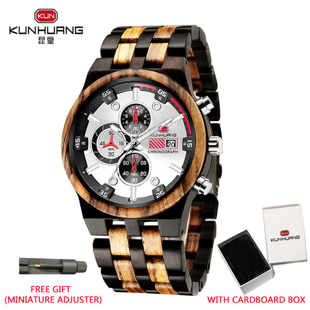 Kunhuang Men's Luxury Brand Personality Sports Mens Wooden Watches Quartz Clock Men Multifunctional Wooden Watch Relogio masculino