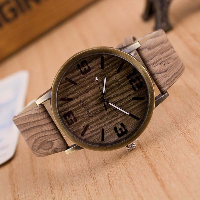 Hot Simulation Wooden Men's Quartz Watches Popular Casual Wooden Color Leather Strap Clock Creative Personality Male Wristwatch