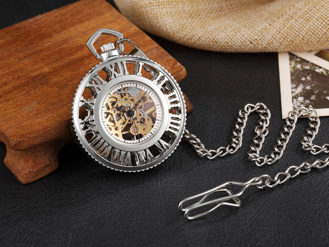 Gold Retro Hand Wind Mechanical Luxury Steampunk Pocket Watch Hollow Watches Roman Numerals Clock With Fob Chain Reloj Hombre