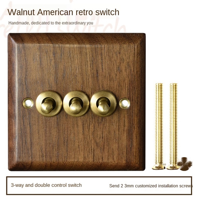 High-grade retro American industrial style light switch socket, solid wood brass toggle switch panel, antique home stay switch