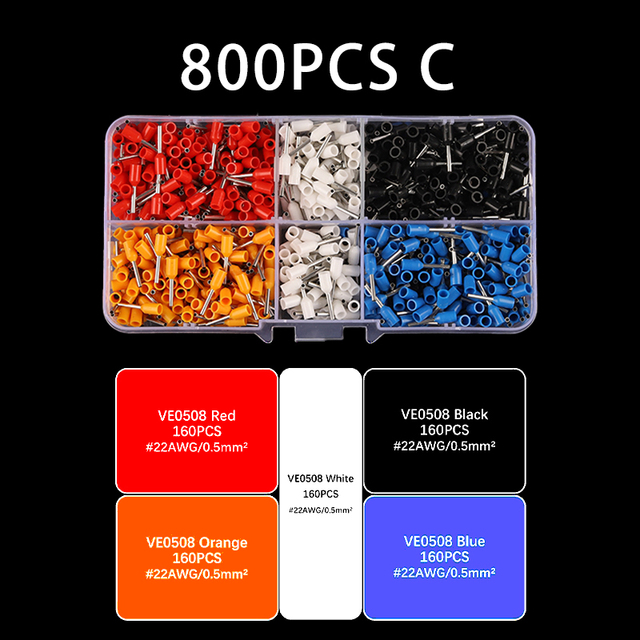 Boxed VE Series Insulated Terminal Block Cord End Crimping Sleeve Terminal Wire Cable Connector Electrical Pipe Terminals Suit