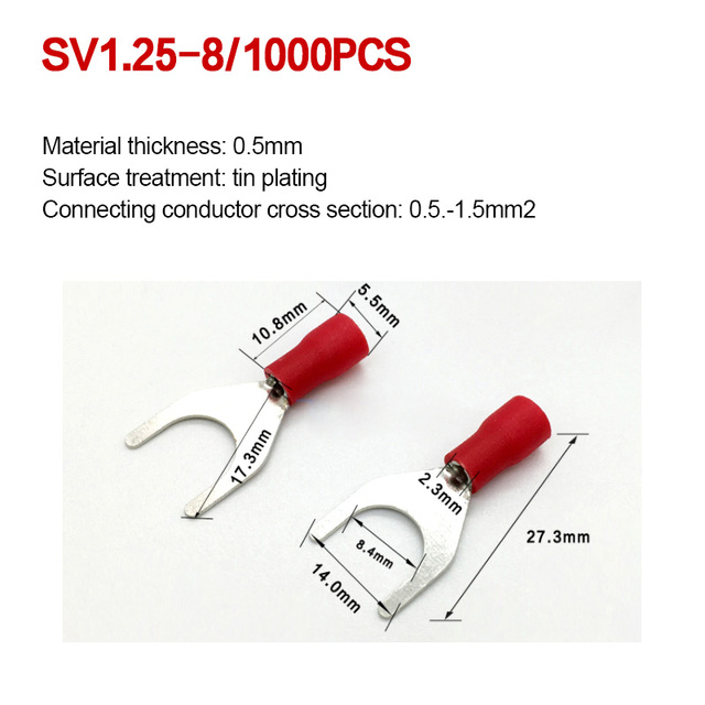 1000pcs SV 1.25 2 3.5-(3 4 5 6) Insulated Wire Terminals Electrical Lug Crimp Terminal 1.5-2.5mm-4mm 16-14 awg