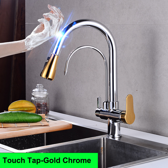 Gold Touch Filter Kitchen Mixer Tap Dual Handle Hot Cold Brass Kitchen Sink Faucets Smar Sensor Touch Pull Out Kitchen Faucets