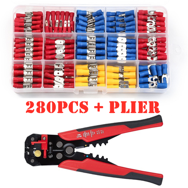 300pcs Insulated Electrical Wire Assorted Cable Connectors Crimp Spade Butt Ring Fork Set Ring Lugs Crimping Terminals Plier