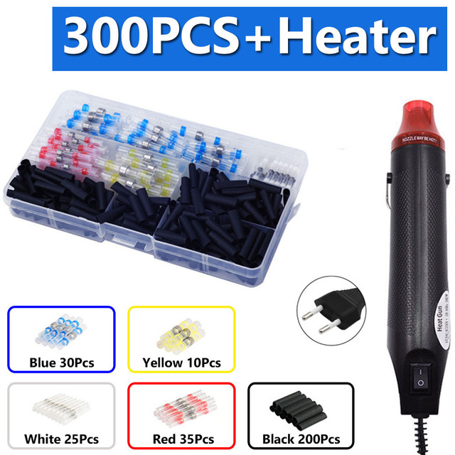 300pcs Electric Heat Shrink Butt Terminals Crimp Terminals Waterproof Welding Insulator Wire Twisting Cable Terminal Kit With 300W Hot Air Gun