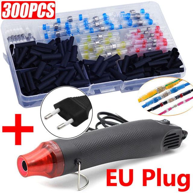 300pcs Electric Heat Shrink Butt Terminals Crimp Terminals Seal Welding Kit Waterproof Wire Twisting Cabling Connector With 300W Hot Air Gun