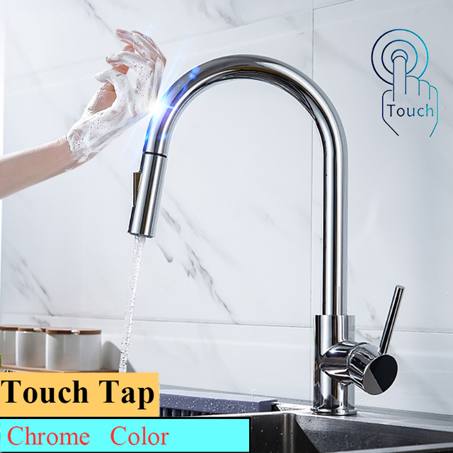 Touch On Kitchen Faucet With Pull Down Sprayer, Touch On Kitchen Sink Stainless Steel Faucet Hot Cold Sensor Kitchen Mixer Tap