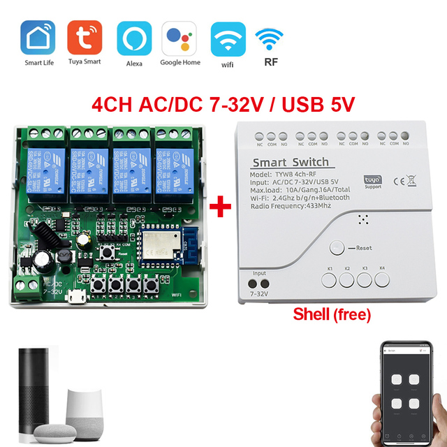 Wifi Smart Garage Door Opener RF 433 Controller Tuya Smart Life APP Timer Switch 7-32V 85-250V Receiver for Alexa Google Home