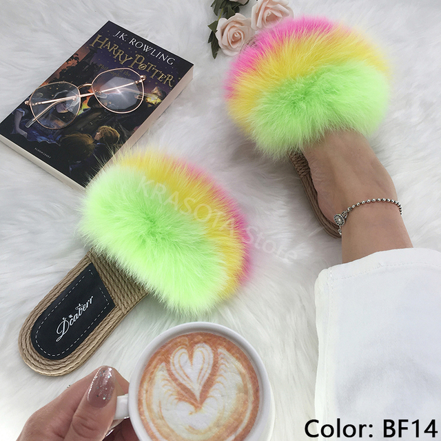 Real Fox Fur Slides Summer Women Faux Espadrilles Slippers Ladies Fluffy Flip Flops Luxury Furry Sandals Shoes 36 37 38 39 40