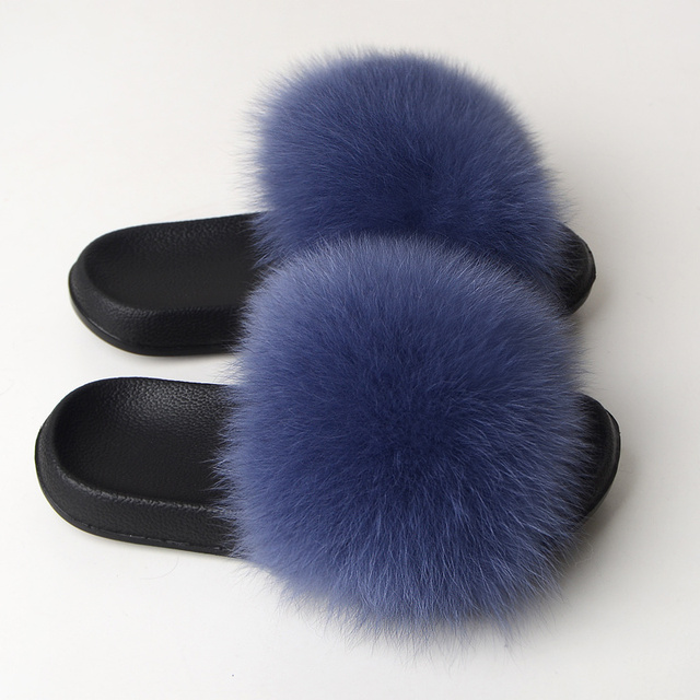 Real Fox Fur Slippers Women Summer Indoor Fluffy Flat Raccoon Fur Slides Outdoor Fashion Casual Beach Shoes Plus Size Shoes