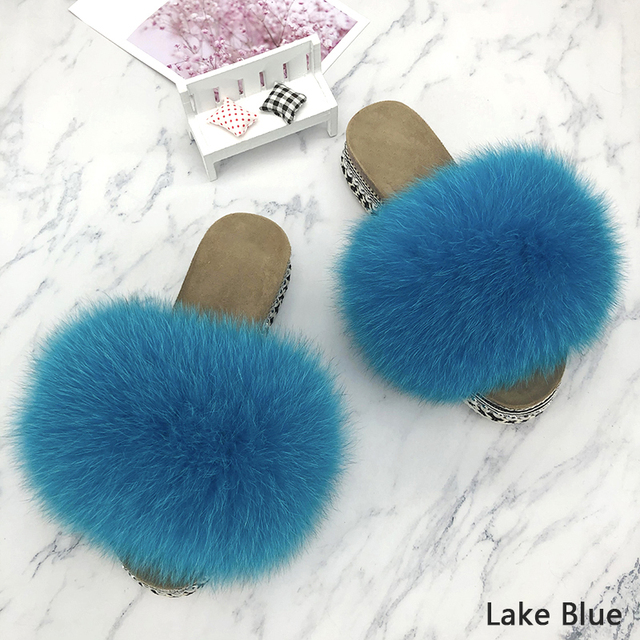 Fur Slides Summer Rivets Platform Sandals Ladies Sandals Outdoor Real Fur Ladies Heels Shoes 2021 New Fluffy Slippers Flip Flops