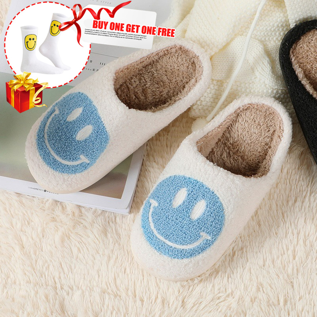 Winter Women Slippers Fluffy Smiley Face Slippers Fur Warm Couple Cotton Shoes Home Indoor Thick-soled Non-slip Floor Shoes 2022