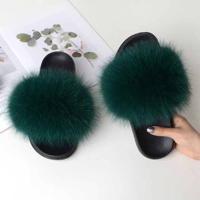 Summer fox fur slippers flat non-slip solid plush home shoes