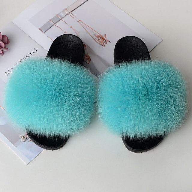 Women Summer Fluffy Fur Slippers Flat Non-slip Solid Real Furry Fur Slides Platform Shoes Plush Fur Sandals Flip Flops Women