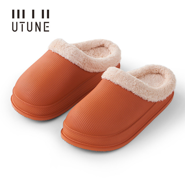 UTUNE Winter Slippers Men Shell Mules Waterproof EVA Indoor Plush Warm Shoes Women Anti-slip Garden Home Slippers Thick Solid