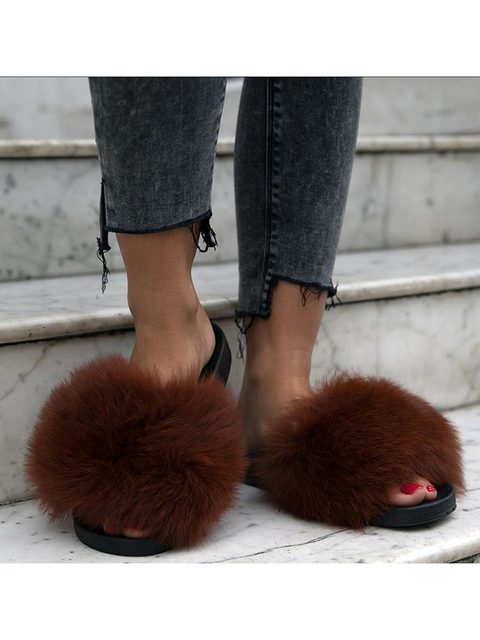 Women Fox Shoes Fur Slippers Real Fox Fur Slides Home Furry Flat Sandals Female Cute Wholesale House Shoes Woman Luxury Brand Ho