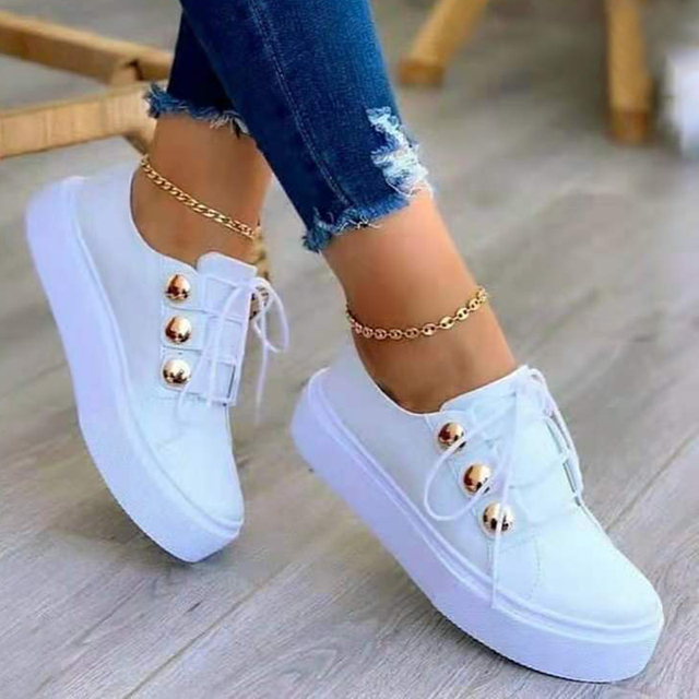 Rimocy Shiny PU Leather Thick Bottom Sneakers Woman Plus Size 43 Lace Up Platform Shoes Women Gold Silver Flats Zapatos De Mujer