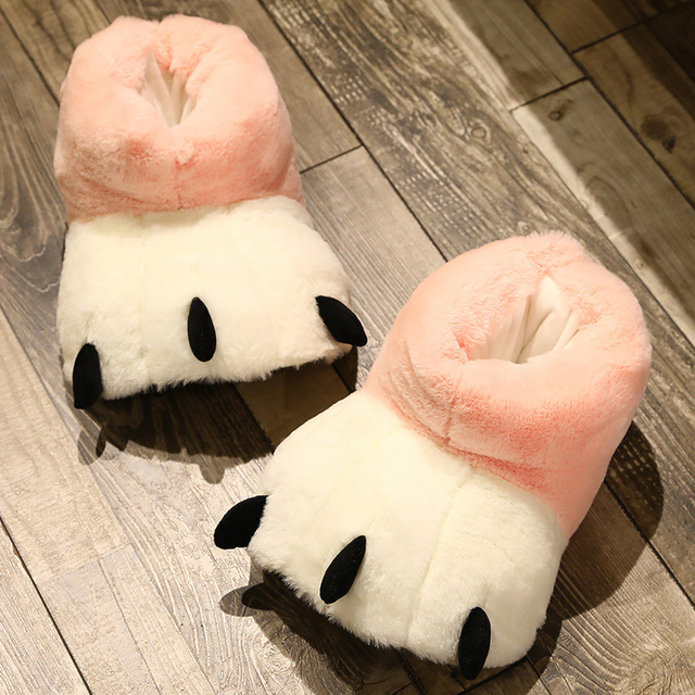 Women Creative Cute Plush Bear Paw White Long Tube Cotton Shoes Couple Indoor Winter Home Warm Cartoon Non-slip Fuzzy Slippers