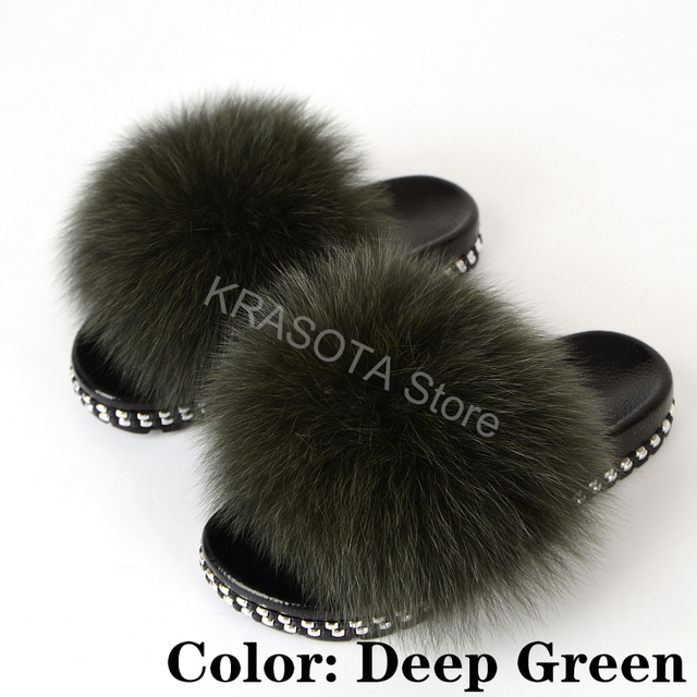 Fur Slippers Women Real Fox Fur Slides Fluffy Home Slippers Luxury Flip Flop with Fur Ladies Platform Sandals Summer Shoes Women