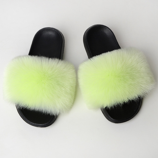 Women Summer New Synthetic Fox Fur Slippers Indoor Home Furry Cute Faux Raccoon Fur Non-slip Outdoor Home Shoes Beach Sandals