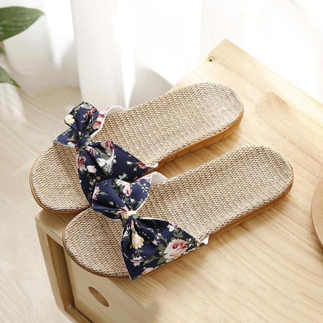 Women Summer Beach Slippers Female Breathable Floral Bow Linen Slippers Sandals Woman Non-slip Flats Female Flip Flop Fashion