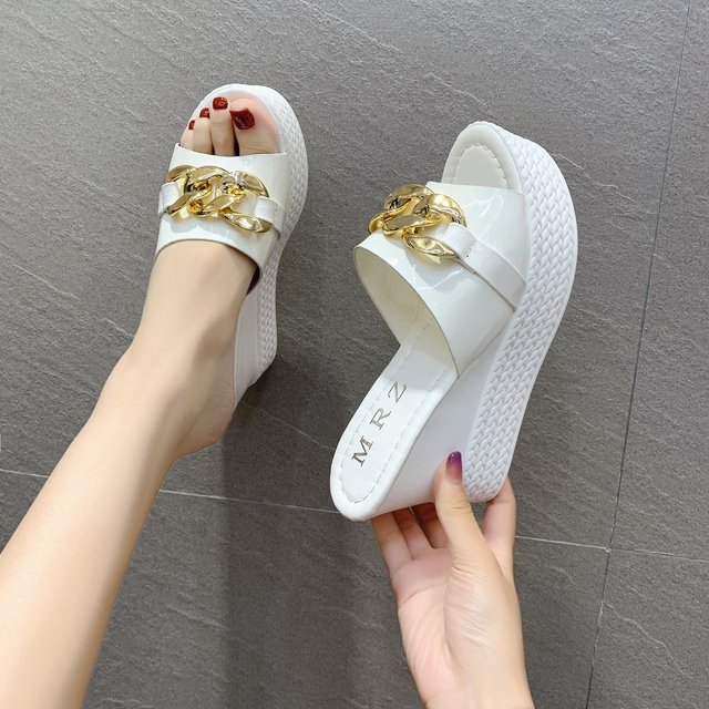 Chain High Heels Slippers Women Wedding Shoes Summer 2022 White Black Platform Wedges Slides Ladies Beach Slippers